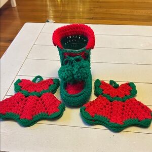 3-Piece Christmas Kitchen Kitsch Set 2 Hand Crochet Potholders & Boot Holiday